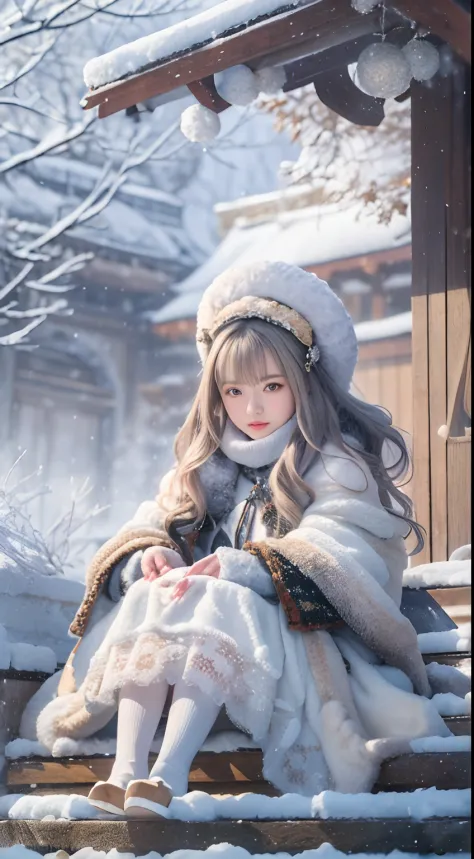 ((Works of masters))，(超高分辨率)，1 girl, Sitting, Lolita costume，Cloak (Snow, Outdoor activities in winter:1.2),Outside the castle，8...