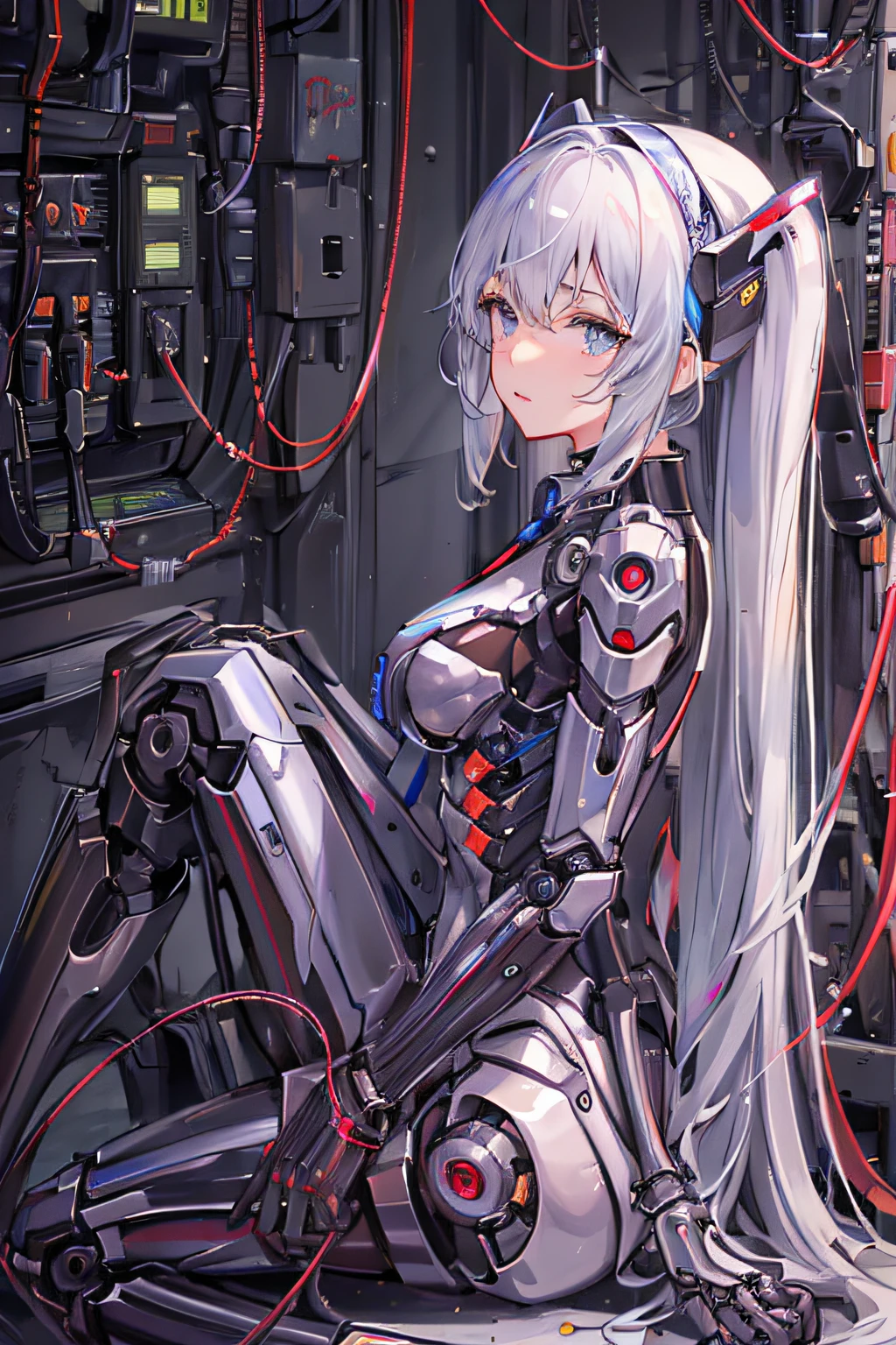 Anime 女孩 sitting on the ground with a robot in front of her, cyborg - 女孩 with silver hair, 生物力学的欧派, Cute cyborg 女孩, Cyborg 女孩, beautiful 女孩 cyborg, 完美的动漫机器人女人, perfect android 女孩, 机器人女孩, 动漫机器人, beutiful white 女孩 cyborg, 全机器人!! 女孩, Cyberpunk anime 女孩 mecha