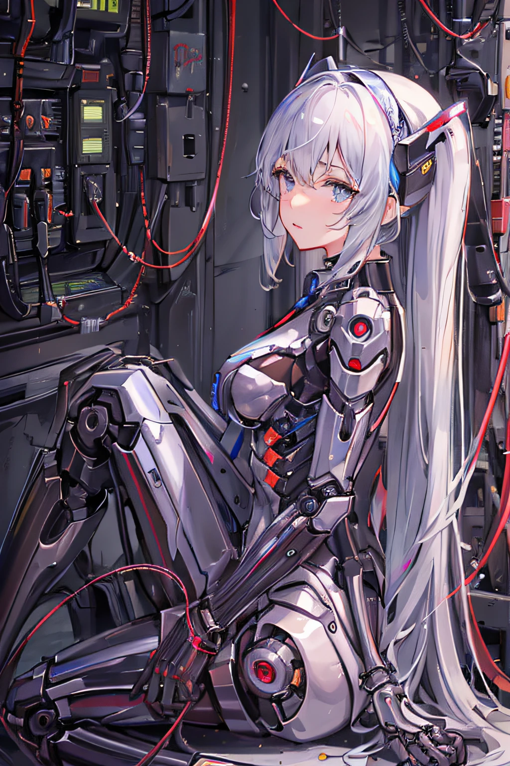 Anime garota sitting on the ground with a robot in front of her, cyborg - garota with silver hair, Oppai biomecânico, Cute cyborg garota, Cyborg garota, beautiful garota cyborg, mulher ciborgue de anime perfeita, perfect android garota, ciborgue - garota, anime cyborg, beutiful white garota cyborg, totalmente robótico!! garota, Cyberpunk anime garota mecha