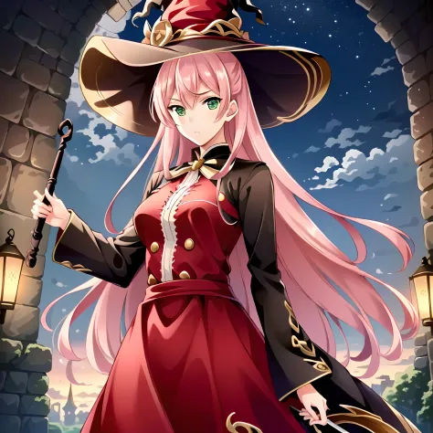 ((masutepiece)), (((Best Quality))), ((Ultra-detailed)), ((Illustration)), finely detail, extremely detailed CG unity 8k, hight resolution, {Beautiful detailed eyes}, finely detail,
1girl in, Long hair, Pink hair, Green eyes, (big eye), megustume, Witch Ha...