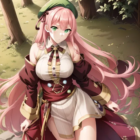 ((masutepiece)), (((Best Quality))), ((Ultra-detailed)), ((Illustration)), finely detail, extremely detailed CG unity 8k, hight resolution, {Beautiful detailed eyes}, finely detail,
1girl in, Long hair, Pink hair, Green eyes, (big eye), megustume, beret, m...