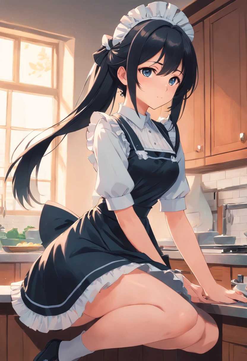 Anime girl in a maid outfit kneeling on a counter - SeaArt AI