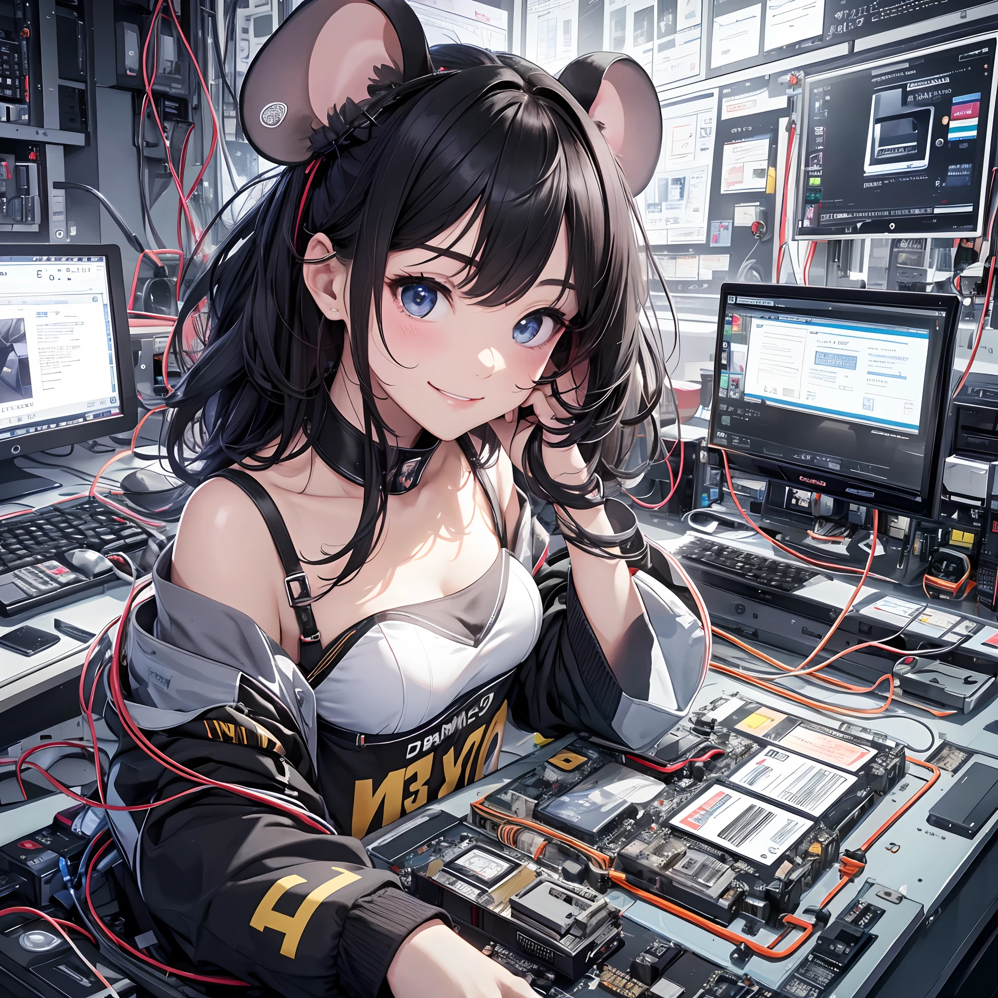 Anime girl with mouse ears sitting at a computer desk - SeaArt AI