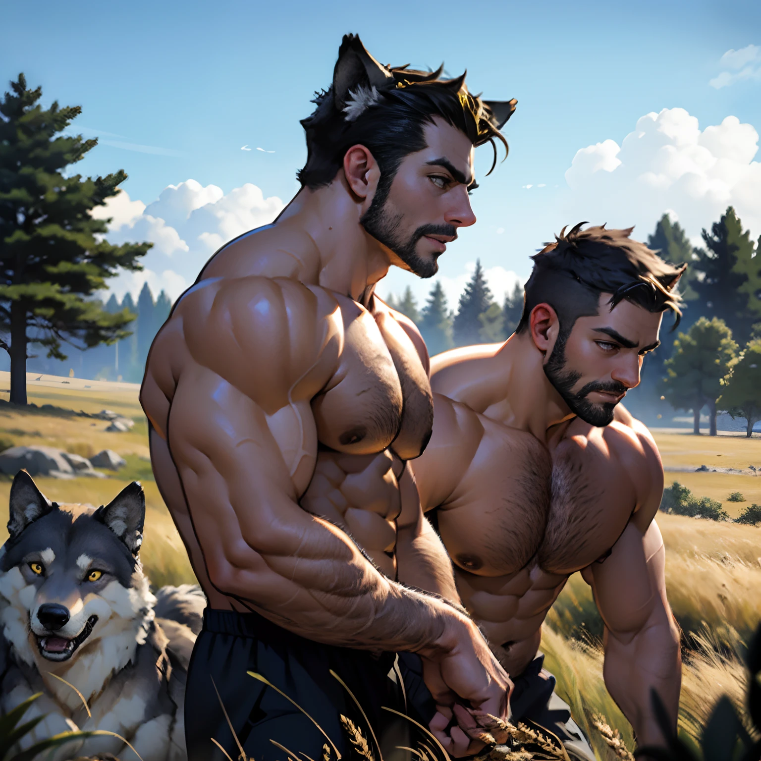 30 years old, The male, Fully naked, stubbles, Huge muscles, Mature man, Muscle swelling, Bodybuilding, chest muscles, Abs, Natural light, Wheat-colored skin, 1人, Wolverine, Naked, werecreature, Predators and prey, Hunting, Run an empty field, Side view, Wolves as pets, Men have wolf ears, Displays a side view of the entire body, The wolf cub is following the man, wide - angle shot, Best quality, Highly detailed, Chase sheep, Frightened sheep