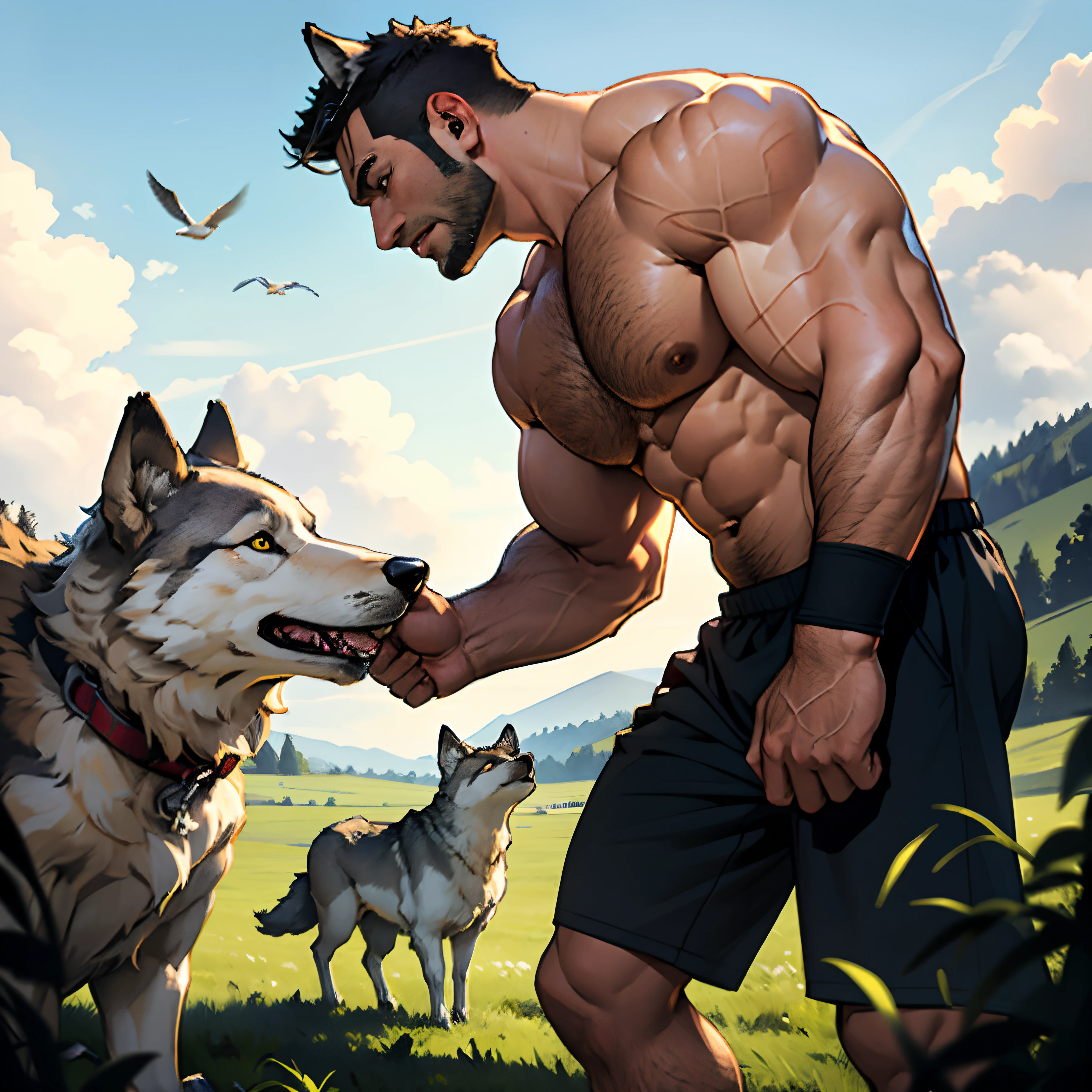 30 years old, The male, Fully naked, stubbles, Huge muscles, Mature man, Muscle swelling, Bodybuilding, chest muscles, Abs, Natural light, Wheat-colored skin, 1人, Wolverine, Naked, werecreature, Predators and prey, Hunting, Run an empty field, Side view, Wolves as pets, Men have wolf ears, Displays a side view of the entire body, The wolf cub is following the man, wide - angle shot, Best quality, Highly detailed, Chase sheep, Frightened sheep