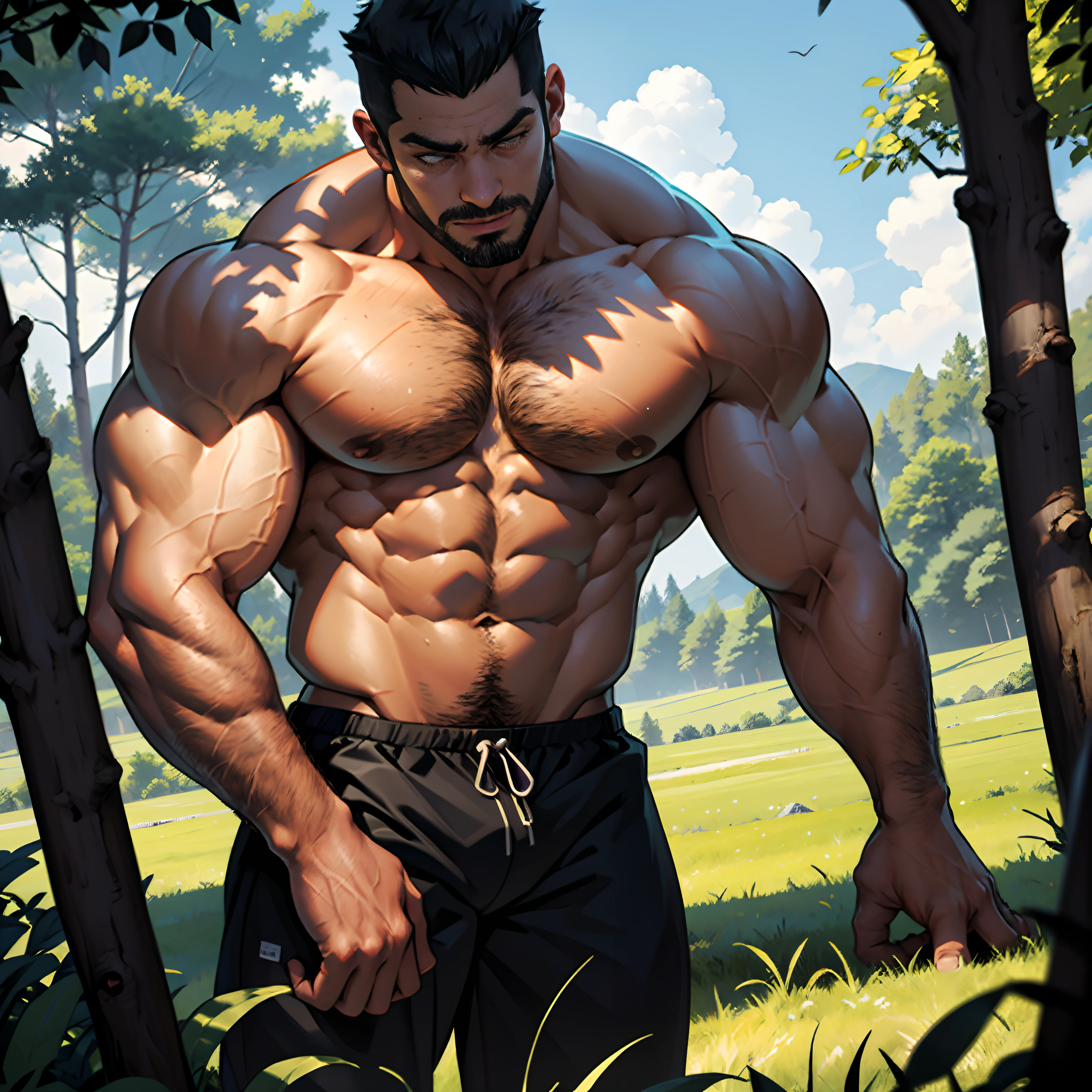 A close up of a man with a muscular body standing in a field - SeaArt AI