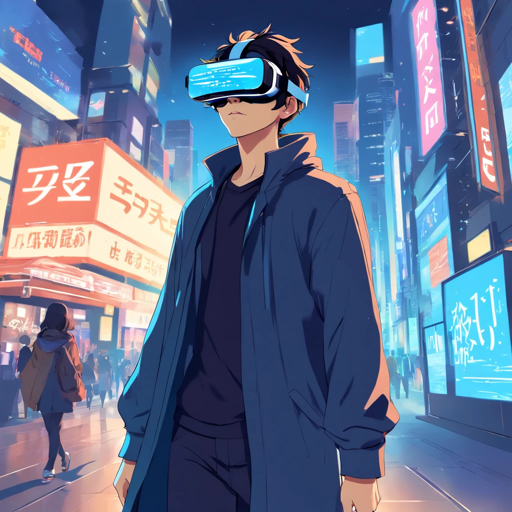 (((vector style))), (((a man wearing VR glass))), (((super detailed))), walking, black and blue hair, dark clothes, tonal colors, detailed