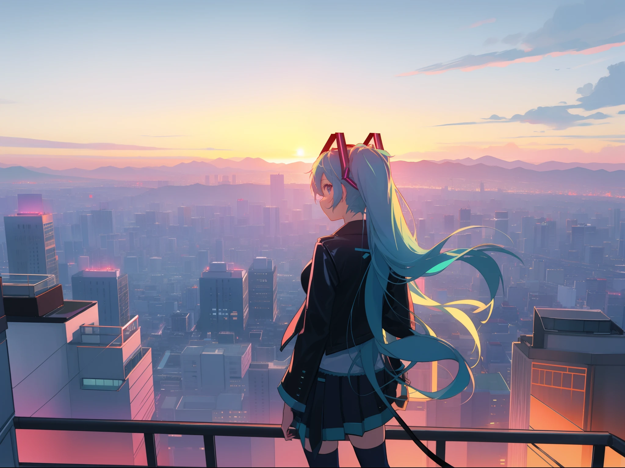 Matured, Hatsune Miku standing on a rooftop overlooking a city at night, black leather jacket, neon theme, anime style 4k, digital anime art, anime art, 8k, night looking at the city, looking over the city, looking at the sunset, looking out at a sunset, overlooking a modern city, girl watching the sunset, looking to the sky, looking at the sky, looking off into the sunset, looking out, on rooftop Tokyo night, looking onto the horizon