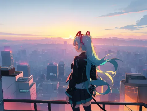 matured, hatsune miku standing on a rooftop overlooking a city at night, black leather jacket, neon theme, anime style 4k, digit...