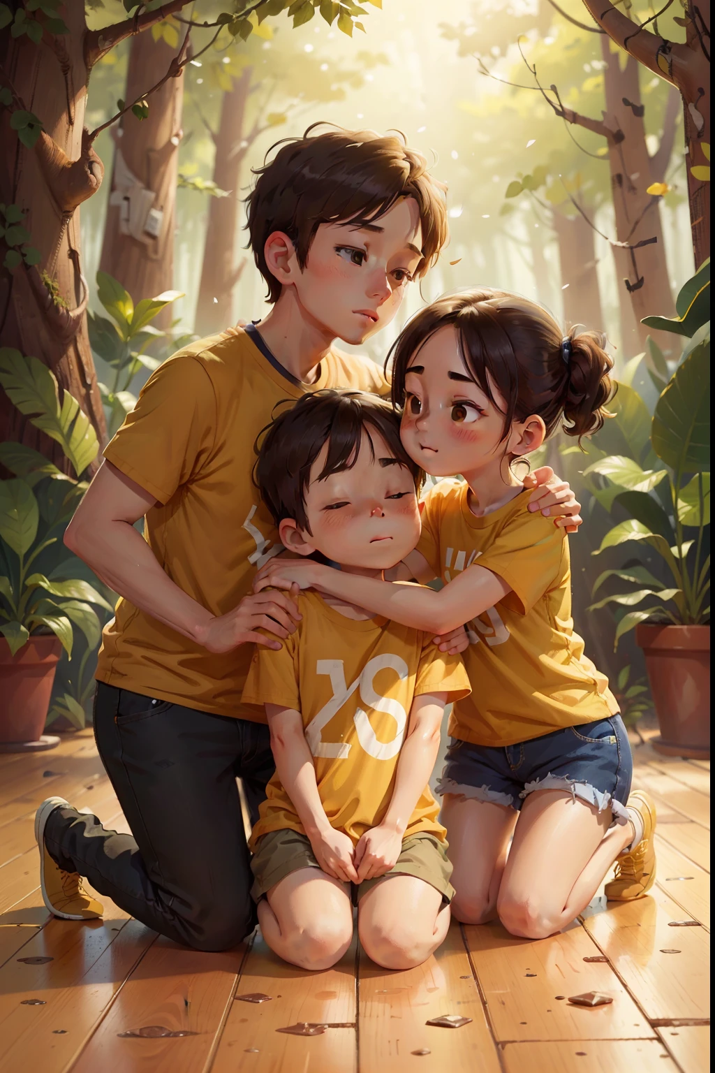 (high definition) kneeling on the floor, looking at Lucas, yellow shirt hugging his parents, affection, hug, happy affection, love, forest