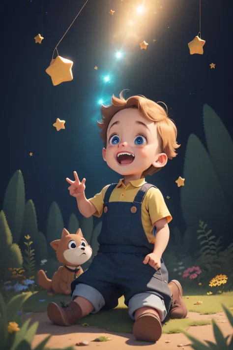 Um garoto de cabelos negros com grandes olhos arregalados, looks surprised and cheerful at the Little Prince