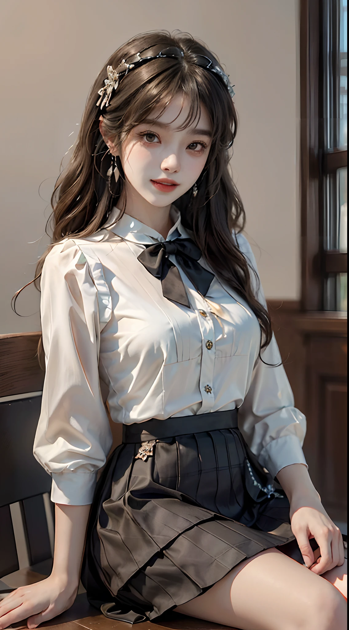 ((looking ahead)), ((Front Shooting)), ((realistic)), ((Sit Pose, Holding Erlang's legs)), 1girll, Asian model, curlies, Air bangs, Beautiful hair accessories, Brown hair, (grin, Leaking teeth), ((White color blouse, neck bowtie, a black pleated skirt)), Campus style, inside a classroom, (warm lights, a warm color palette), Detailed details, ultra-detailliert, (tmasterpiece, best qualtiy), (An extremely delicate and beautiful work), Delicate earrings, Simple blurred background, Extreme detail description, Ultra-fine painting, Delicate face, slim toned body