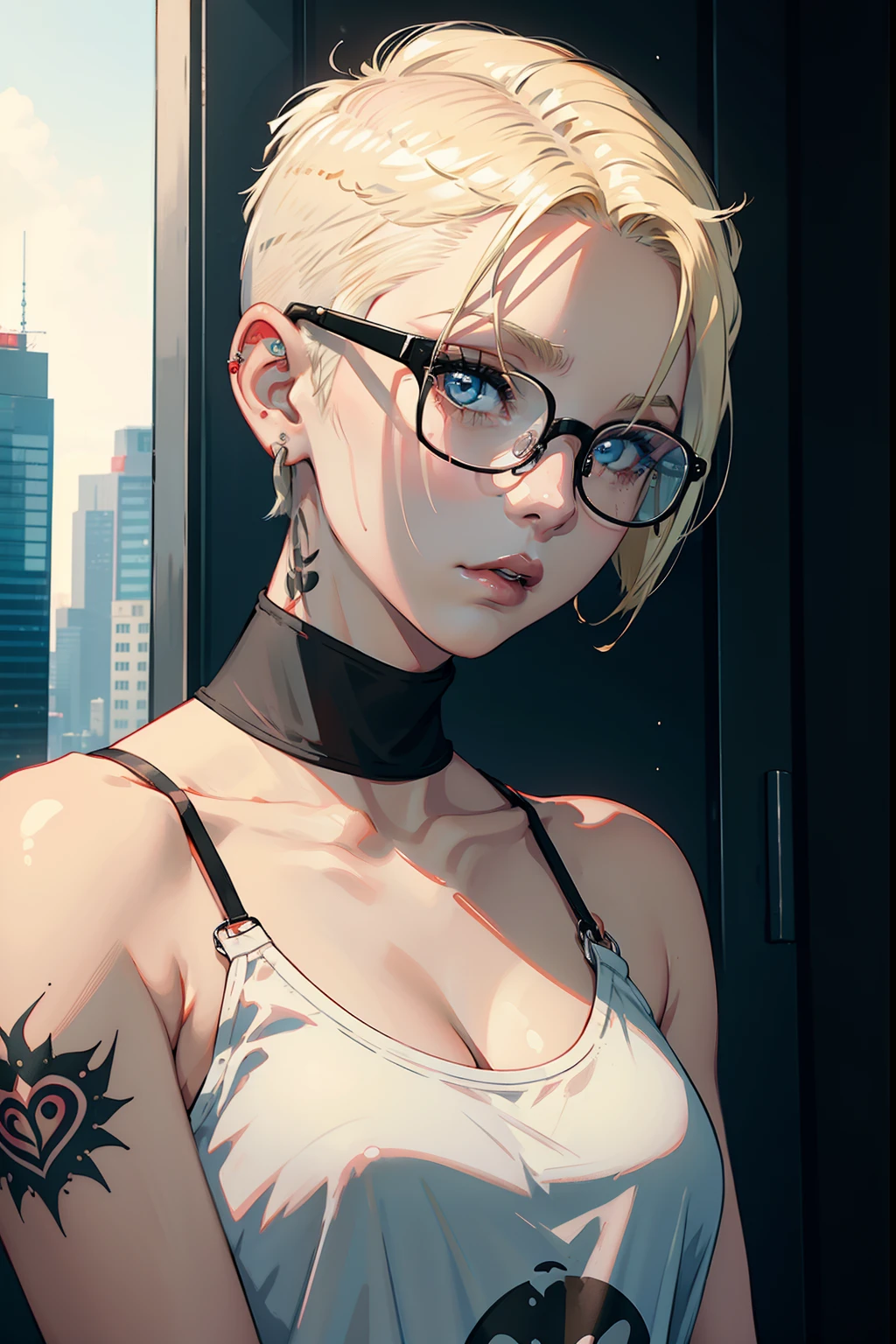 Anime girl with glasses and a choker posing in front of a window - SeaArt AI