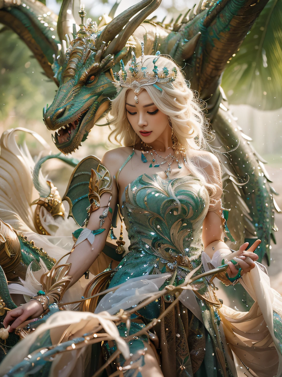 a close up of a woman in a green dress with a dragon, queen of dragons, detailed fantasy art, ruan jia and artgerm, by Yang J, fantasy art style, epic fantasy art style, fantasy art behance, artgerm and ruan jia, amazing fantasy art, highly detailed fantasy art, dragon girl