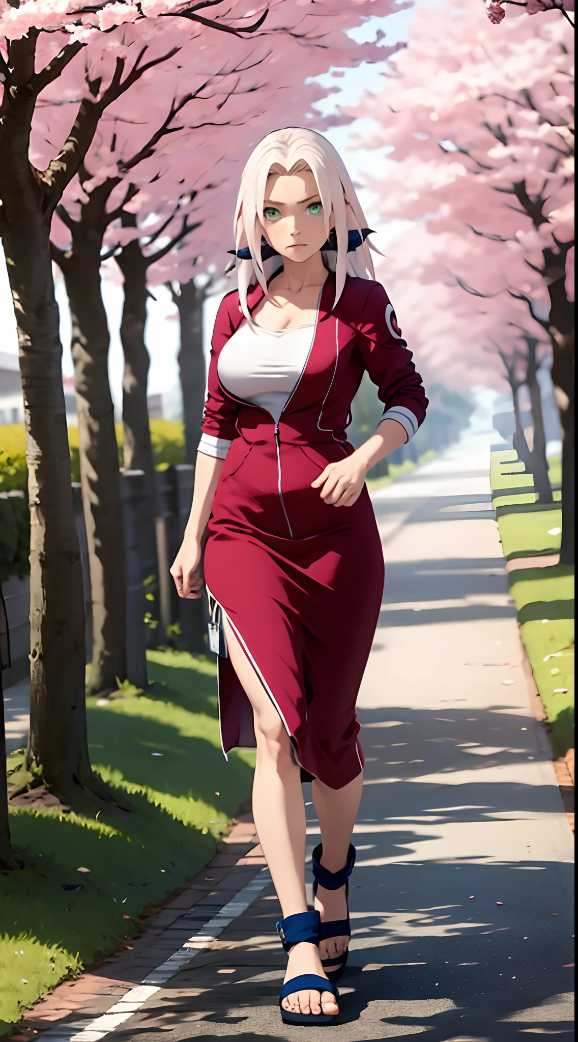 Anime - style woman in a red dress walking down a street - SeaArt AI