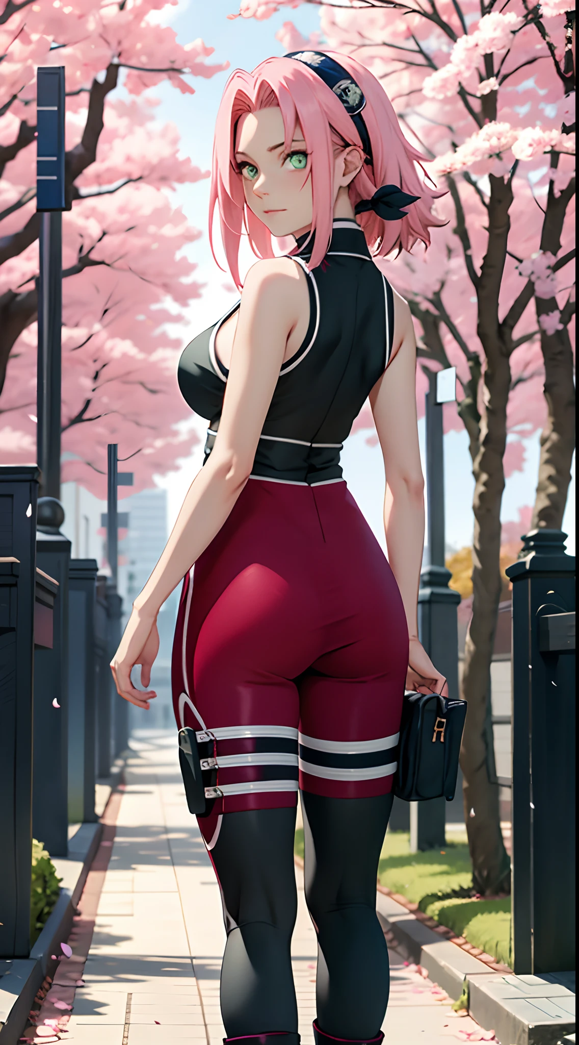 tmasterpiece， Best quality in the best， 1girll， sakura haruno， big ，Off-the-shoulder clothing，（Cleavage)，Sexy raised，is shy，missmutig，with pink hair， long pink hair， （green eyes:1.4)， forehead protector， The cherry trees，Flying cherry blossoms,perfect round ass,from the back,Full body portrait from behind,ass in the camera,very tight leggings
