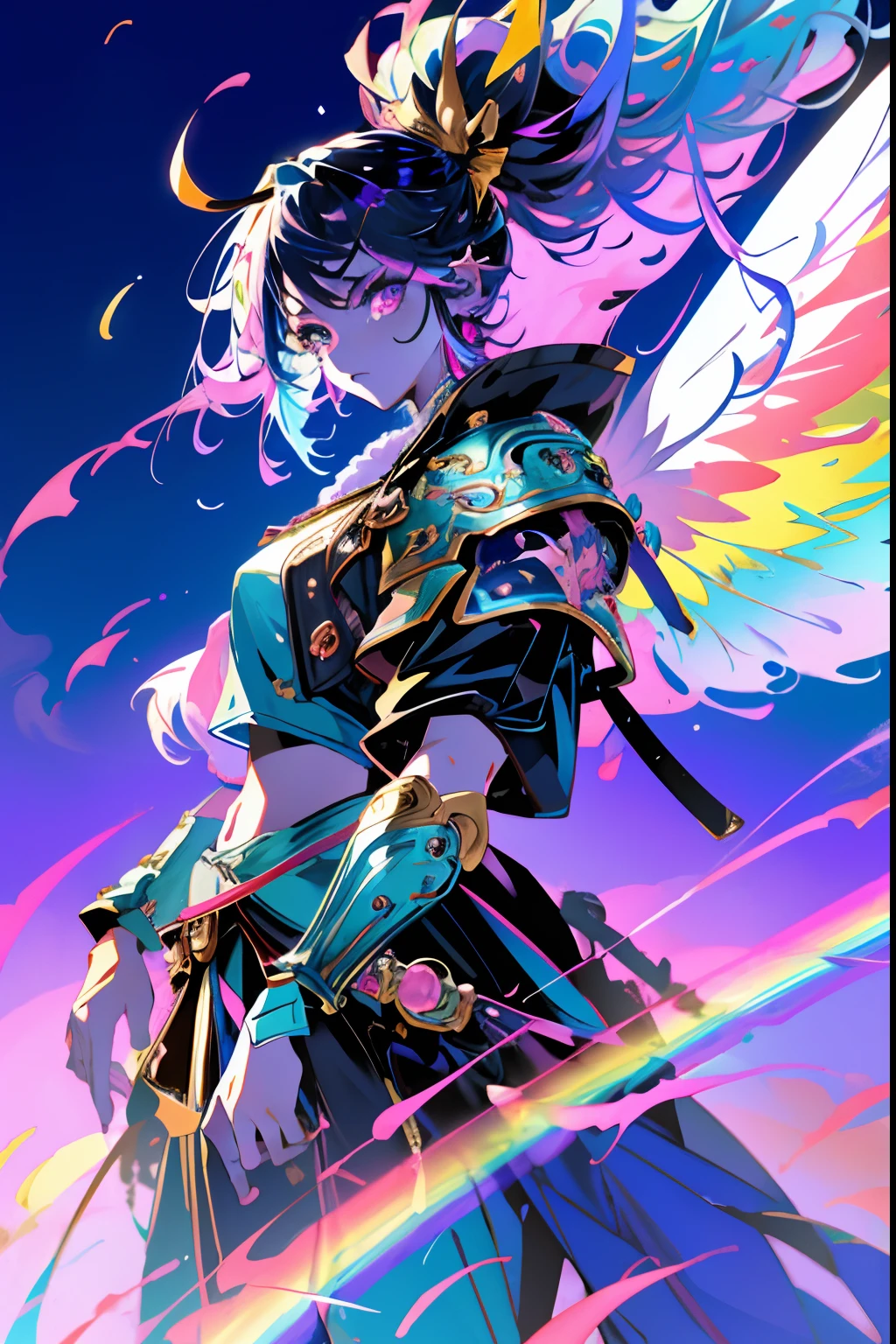 masterpiece, best quality, highly detailed, beautiful colorful fairy, blue hair, big shining wings, pink eyes, hyper realistic face, rainbow eyes, fantasy style, ((holding a white katana:1.0)), determinated expression, serious expression, ((full body:1.0)), vibrant, 8k, soft lighting, masterpiece, high fantasy, sci-fi, dynamic lighting, hyperdetailed, cowboy shot, flying in a cloud sky, lens flare, rainbow colors, twilight