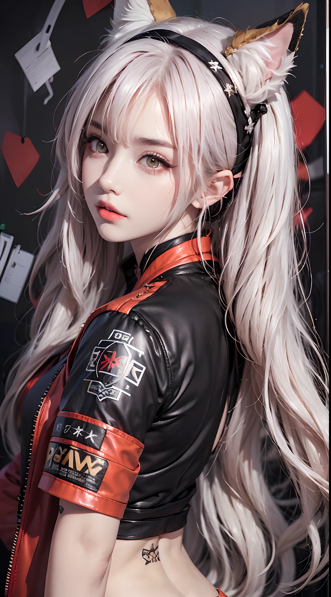 Photorealistic, high resolution, 1 woman, Hips up, Beautiful eyes, Long hair, ringed eyes, jewelry, tattoo, infection monitor (arknights), angelina (arknights), blush, twintails, hairband, animal ears, red hairband, closed mouth, fox ears, bangs, red jacket, black shirt, shirt, orange eyes, jacket, back view