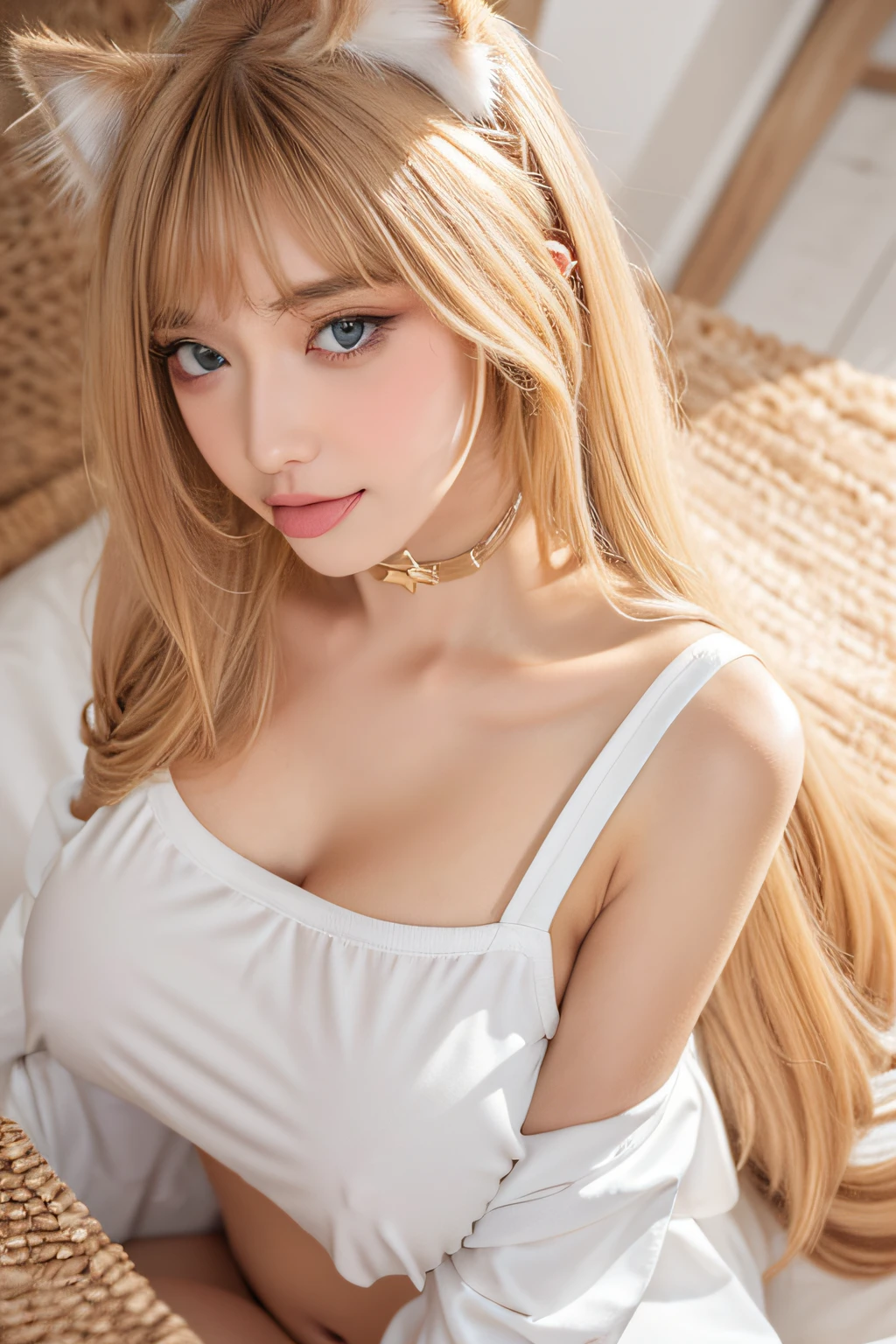 A woman with long blonde hair and a white top is posing - SeaArt AI