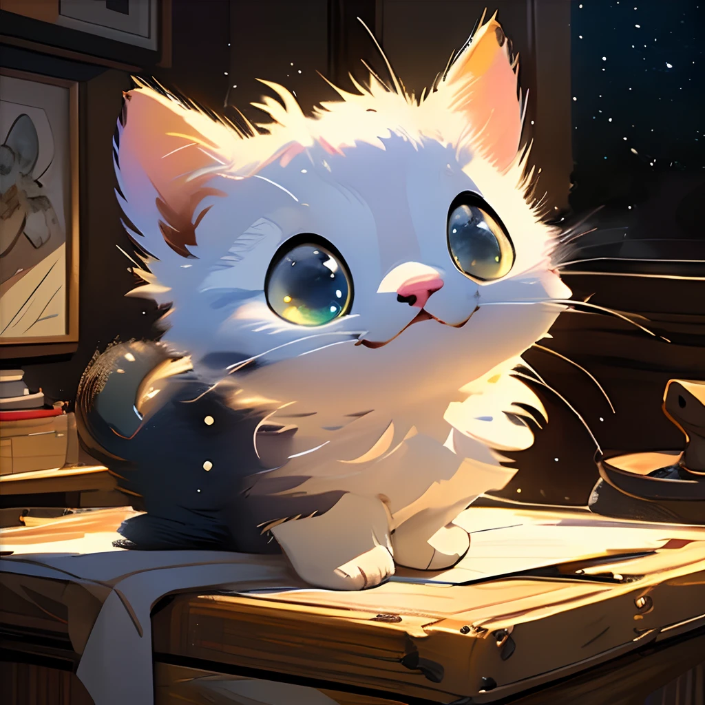 (masutepiece, High Definition, Exquisite visual quality), Fluffy cat, (Close-up of the face:1.2, Full body:0.9), a cute little cat, Best Quality, (the Extremely Detailed CG Unity 8K Wallpapers), (Best Quality), (Best Illustration), (Best Shadow), Realistic lighting, (abyss), Beautiful details sparkling colors, art by:Peter Mohrbacher, Whole body glows, His whole body was glowing, starrysky