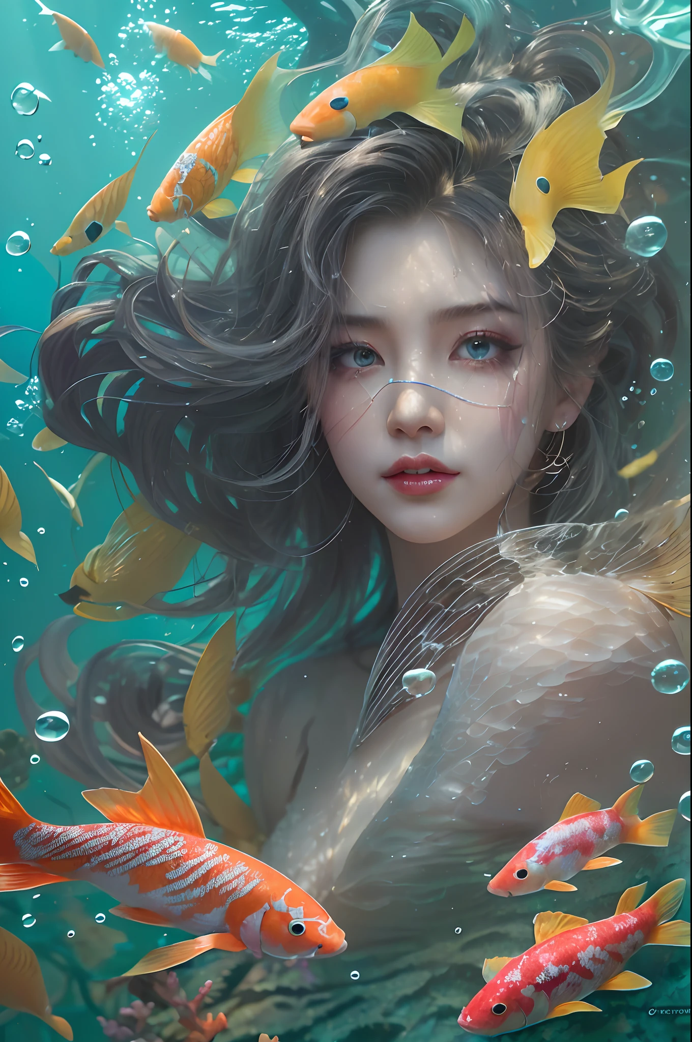 ModelShoot style, (Extremely detailed Cg Unity 8K wallpaper), A chaotic storm of intricate liquid smoke in the head, Stylized abstract portrait of beautiful girl, wetted skin,Koi，Beautiful koi，Flocks of koi,carp，Strange shaped corals，ocean floor，Beautiful coral reef in the background，Rochas,Marine life，author：Petros Afshar, ross tran, tom whalen, Peter Mohrbacher, Art germ, Broken glass, ((bubbly underwater scenery)) Radiant light octane rendering is highly detailed