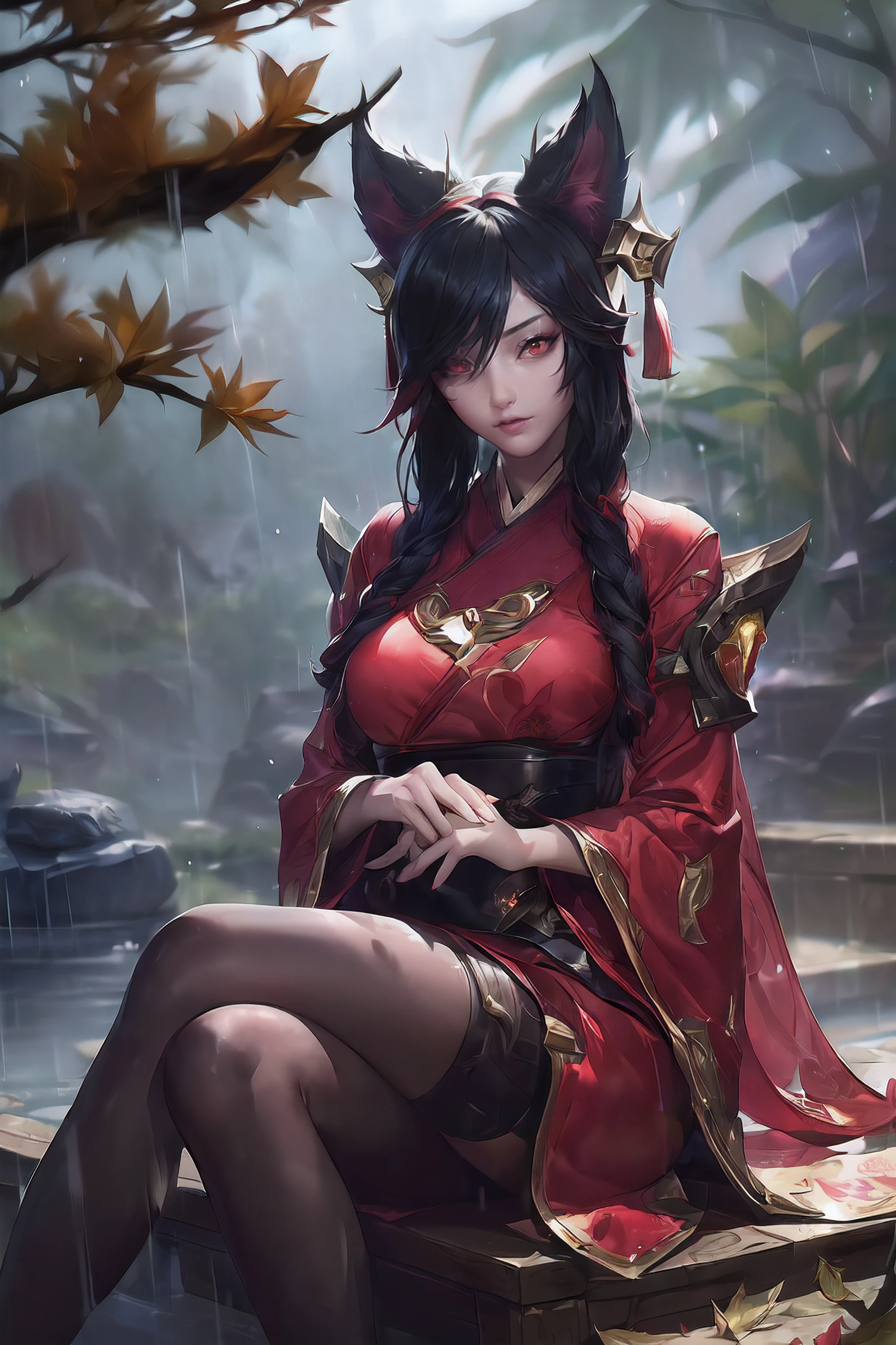 (League of Legends:1.5), (Illustration détaillée du manga:1.2),(chef-d&#39;œuvre:1.25),(Meilleure qualité), (ultra-détaillé:1.25),(idyllique),style classique chinois, (pluie:1.2),pluiedrop, (érablière:1.3),feuilles denses, aménagement paysager de rocaille, Eau de source, [peinture à l&#39;encre], (triste, poignant), (éclaboussures de couleurs:1.15),(aquarelle:1.2),(profondeur de champ:1.25),(seulement:1.5) ,[fantôme], rétroéclairage, [regardant de côté],
(1 belle fille:1.25) avec (Hanfu chinois: rouge foncé+noir),(antiquités chinoises) et magnifique,(ruban à cheveux),(oreilles de renard),(beaux yeux rouges détaillés:1.15), (Beau visage:1.15), (noir long hair, gradual rouge foncé colored tips), (queue de renard),(feuilles d&#39;érable, feuilles mortes),tremper les pieds, Sans expression, assis sous un érable,