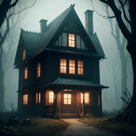 A mysterious house thatbis haunted by the ghosts of its fotmer resident, creepy scene, creepy tree, creepy plants, lantern, 8k