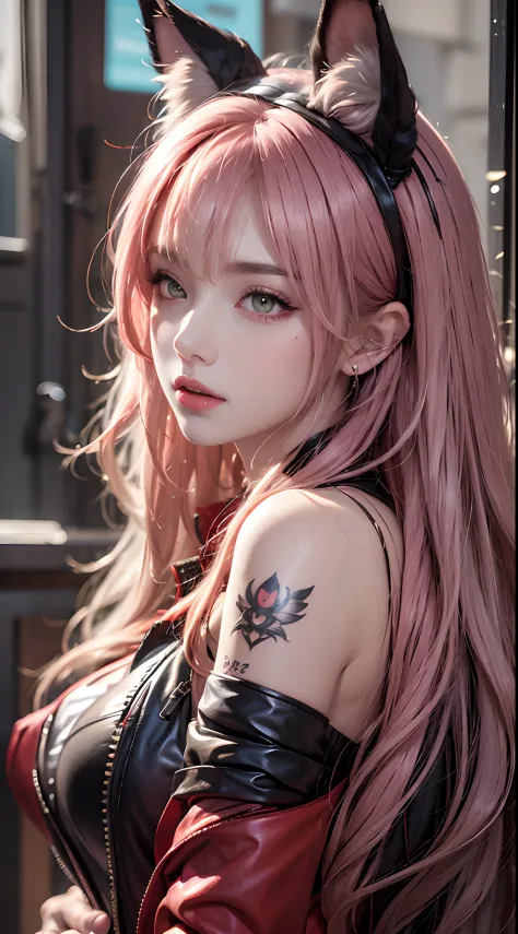 Photorealistic, high resolution, 1 woman, Hips up, Beautiful eyes, Long hair, ringed eyes, jewelry, tattoo, infection monitor (arknight), Angelina (arknight), Blush, double tails, shairband, Animal ears, red hairband, Closed mouth, Fox ears, bangs, Red jac...