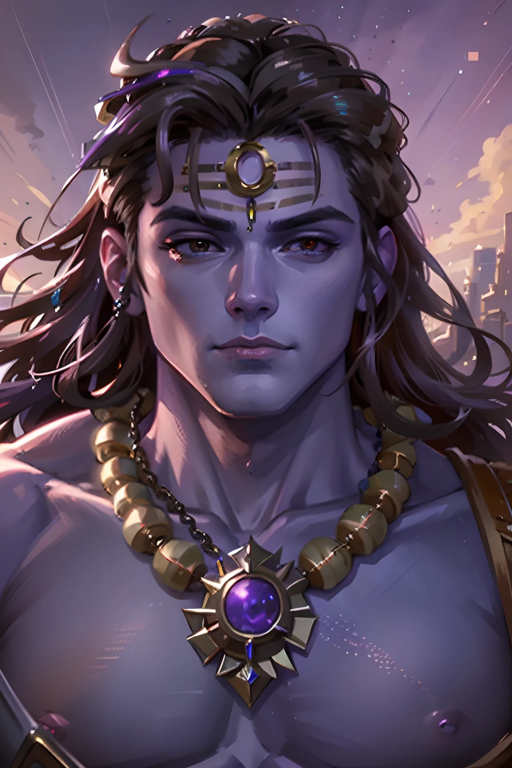 (highly detailed:1.3),male focus,purple skin,muscular,powerful pose,necklace,((detailed face and eyes:1.3)),Ultra-detail,(highres:1.1),best quality,(masterpiece:1.3),cinematic lighting