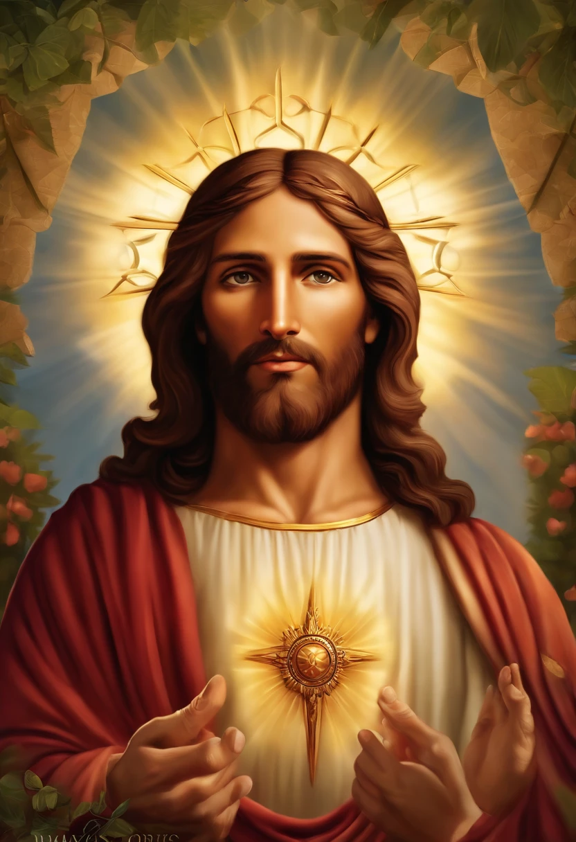 Por favor, create a high-definition image of Jesus Christ with a focus on your bust, em um ambiente sereno e inspirador, where He radiates love and compassion. A imagem deve capturar Sua bondade e divindade, com cores suaves e uma atmosfera de paz. Make sure the image is detailed and suitable for large format printing.