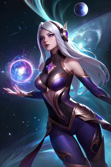 (League of Legends:1.5),Astrid, the Graviton Slinger, is depicted in her splashart as a powerful and enigmatic force, wielding her gravitational manipulation abilities with mastery. The scene takes place in a celestial realm, where stars and cosmic energy ...