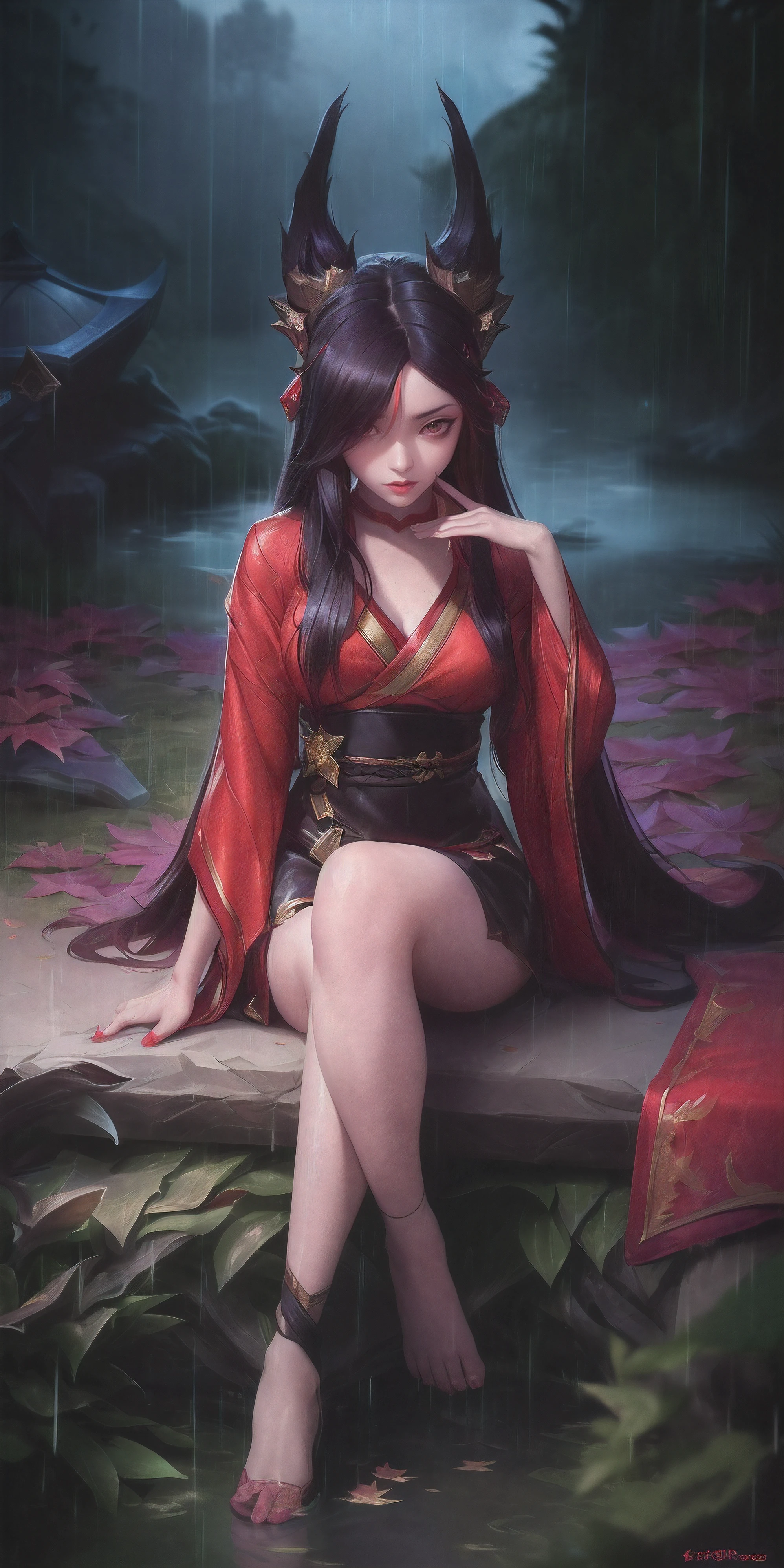 (League of Legends:1.5), (detailed manga illustration:1.2),(masterpiece:1.25),(best quality), (ultra-detailed:1.25),(idyllic),chinese classical style, (rain:1.2),raindrop, (maplegrove:1.3),dense leaves, rockery landscapr, spring water, [ink painting], (mournful, poignant), (color splashing:1.15),(watercolor:1.2),(depth of field:1.25),(solo:1.5) ,[ghostdom], backlight, [looking to the side],
(1 beautiful girl:1.25) with (chinese hanfu: dark red+black),(chinese antiquities) and gorgeous,(hair ribbon),(fox ears),(detailed beautiful red eyes:1.15), (beautiful face:1.15), (black long hair, gradual dark red colored tips), (fox tail),(maple leaves, fallen leaves),soaking feet, expressionless, sitting under a maple tree,