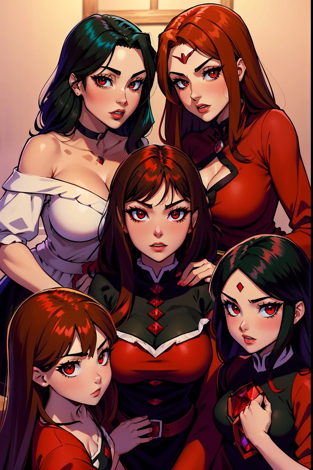 Megumin (Megumin tem cabelo preto, olhos vermelhos) com suas três filhas Esmeralda, rubi, Aria Rose : (Esmeralda tem cabelos castanhos , olhos vermelhos). (rubi have Red Hair, olhos verdes), (Aria Rose tem cabelo preto, olhos azuis)