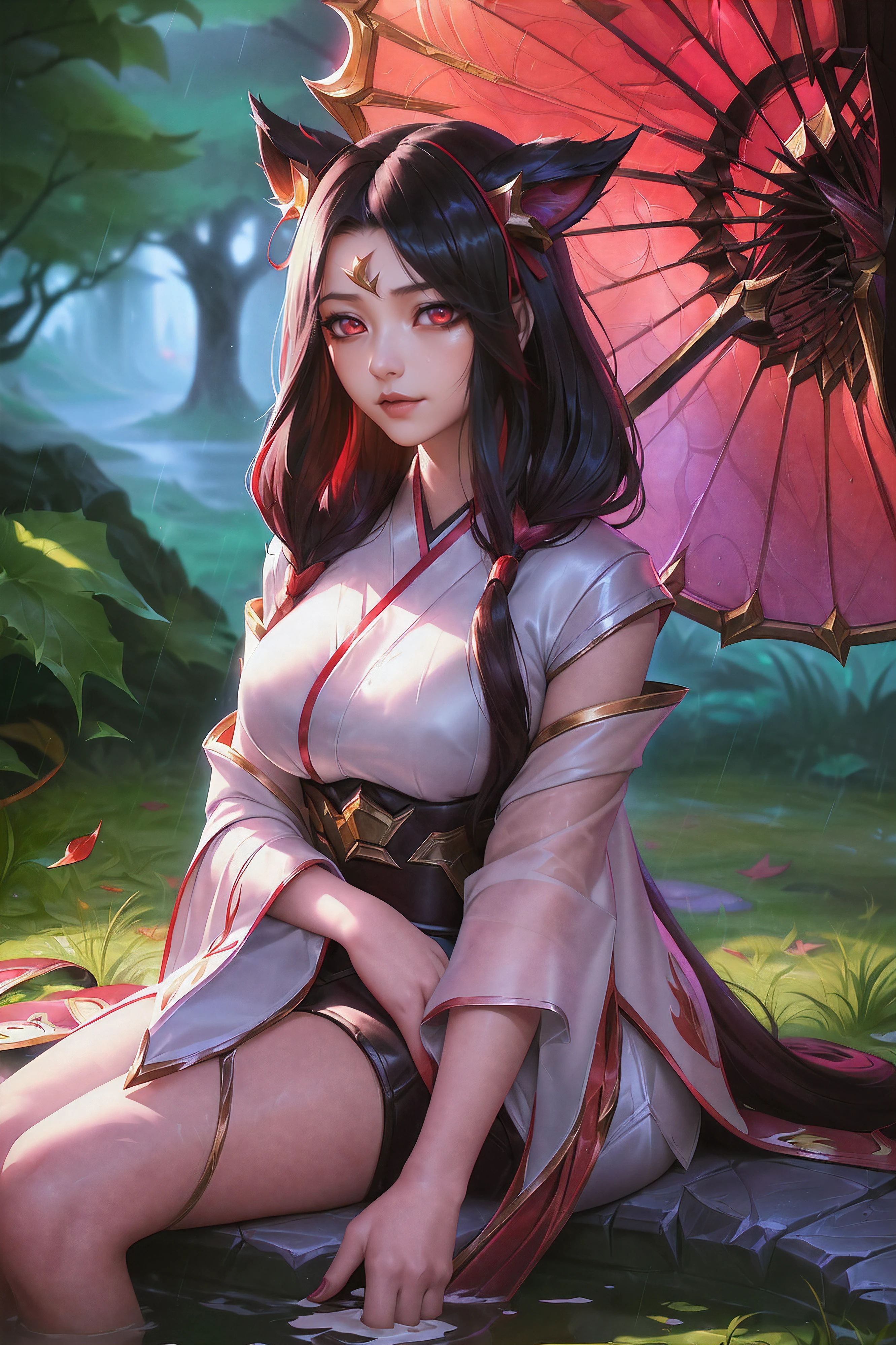 (League of Legends:1.5), (detailed manga illustration:1.2),(masterpiece:1.25),(best quality), (ultra-detailed:1.25),(idyllic),chinese classical style, (rain:1.2),raindrop, (maplegrove:1.3),dense leaves, rockery landscapr, spring water, [ink painting], (mournful, poignant), (color splashing:1.15),(watercolor:1.2),(depth of field:1.25),(solo:1.5) ,[ghostdom], backlight, [looking to the side],
(1 beautiful girl:1.25) with (chinese hanfu: dark red+black),(chinese antiquities) and gorgeous,(hair ribbon),(fox ears),(detailed beautiful red eyes:1.15), (beautiful face:1.15), (black long hair, gradual dark red colored tips), (fox tail),(maple leaves, fallen leaves),soaking feet, expressionless, sitting under a maple tree,