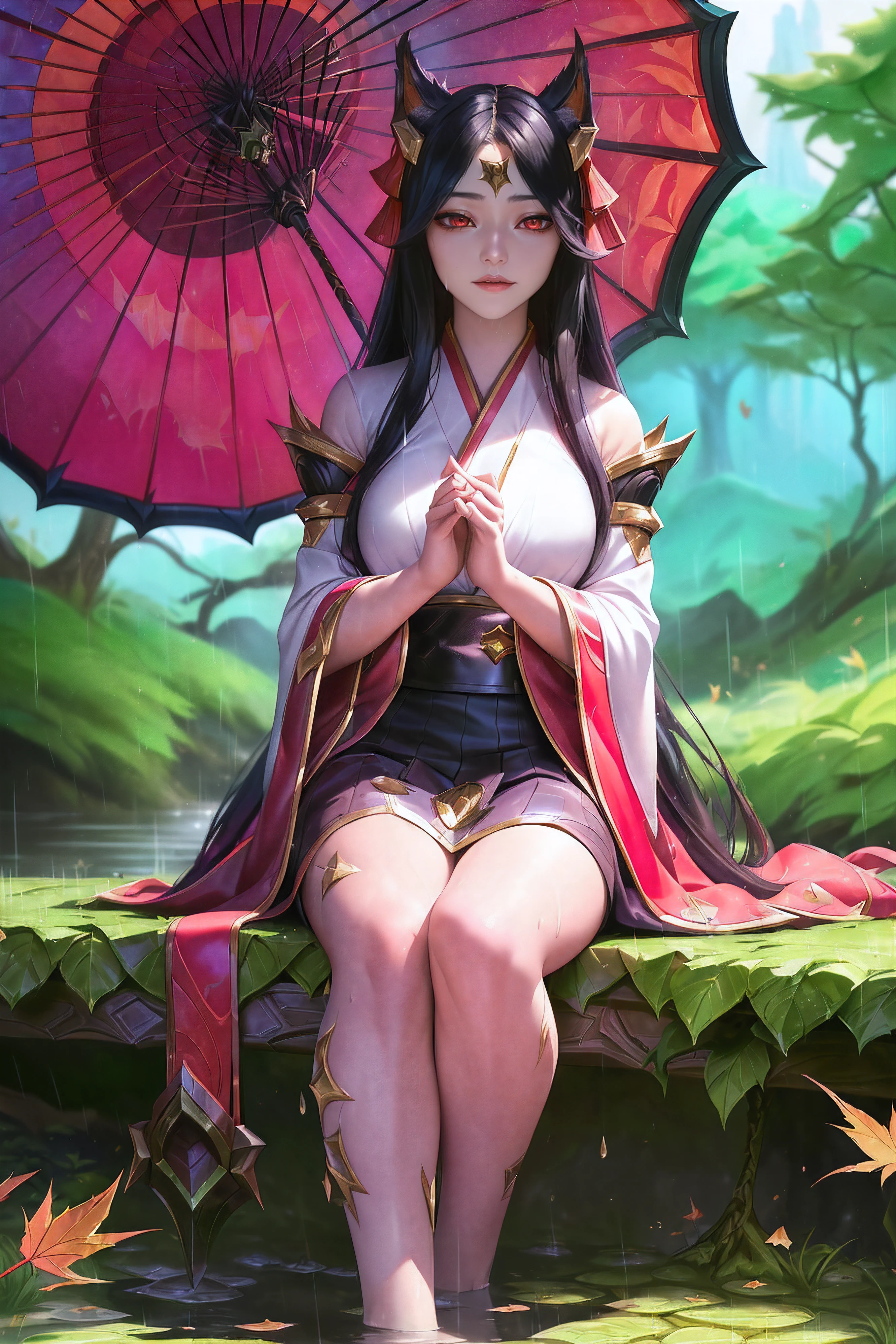 (League of Legends:1.5), (detailed manga illustration:1.2),(masterpiece:1.25),(best quality), (ultra-detailed:1.25),(idyllic),chinese classical style, (rain:1.2),raindrop, (maplegrove:1.3),dense leaves, rockery landscapr, spring water, [ink painting], (mournful, poignant), (color splashing:1.15),(watercolor:1.2),(depth of field:1.25),(solo:1.5) ,[ghostdom], backlight, [looking to the side],
(1 beautiful girl:1.25) with (chinese hanfu: dark red+black),(chinese antiquities) and gorgeous,(hair ribbon),(fox ears),(detailed beautiful red eyes:1.15), (beautiful face:1.15), (black long hair, gradual dark red colored tips), (fox tail),(maple leaves, fallen leaves),soaking feet, expressionless, sitting under a maple tree,