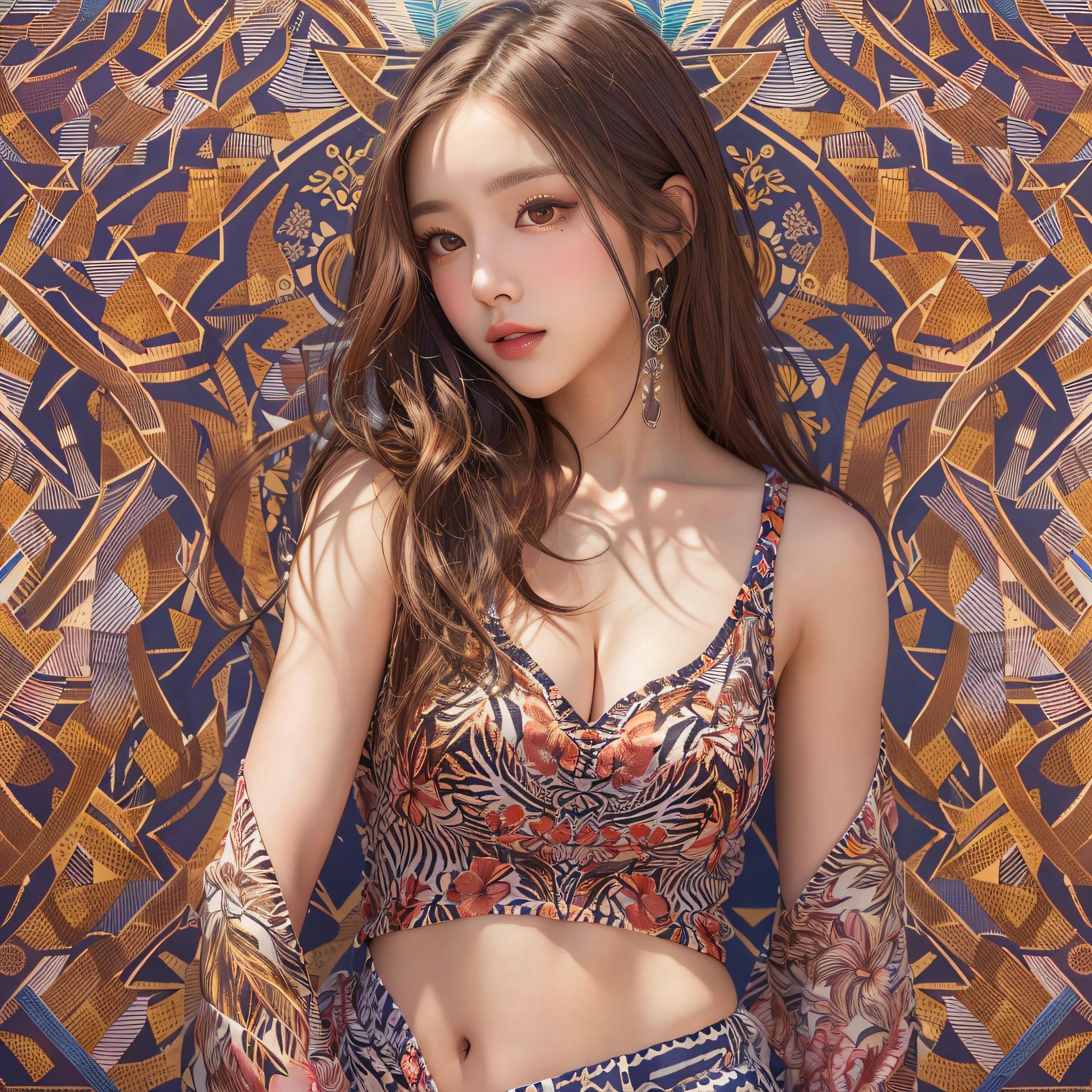 (symmetrical, Compositions with colorful geometric arabesque patterns):1.3, 
(top quality, masterpieces, realistic, photorealism:1.37, best shadows), (1girl:1.3), (semi-long hair), (dark brown hair), (medium breasts:1.3), (nude lipgloss), (make up), (Show cleavage), perfect body, (18 years old), close up face:1.2, (ultra delicate face), (ultra Beautiful fece), (ultra delicate eyes), (ultra detailed nose), (ultra detailed mouth), (ultra detailed arms), (ultra detailed legs), (ultra detailed body), (from the front side), looking at the audience, Ultra-meticulously drawn clothes, Zebra print ruffled tank top, mini short pants