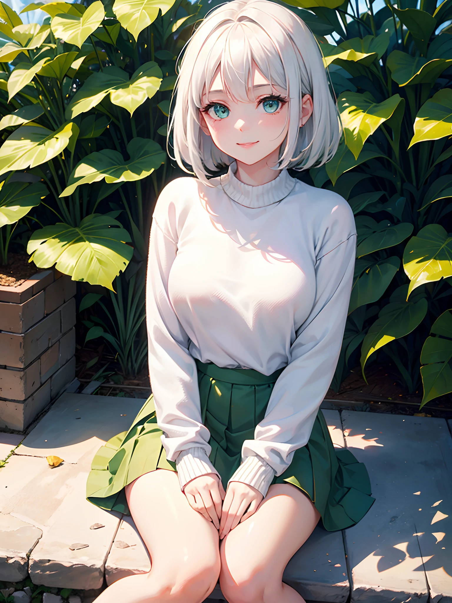 Beautiful girl, white hair, green eyes, eyes detail, wide eyes, soft skin, cute face, smile, mini skirt, modern sweater, outdoor, sunlight, high quality, high resolution, sit on the ground