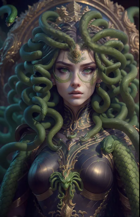 ((best quality)), ((masterpiece)), ((realistic)), medusa, full body, the hair is composed of countless small snakes, green eyes,...