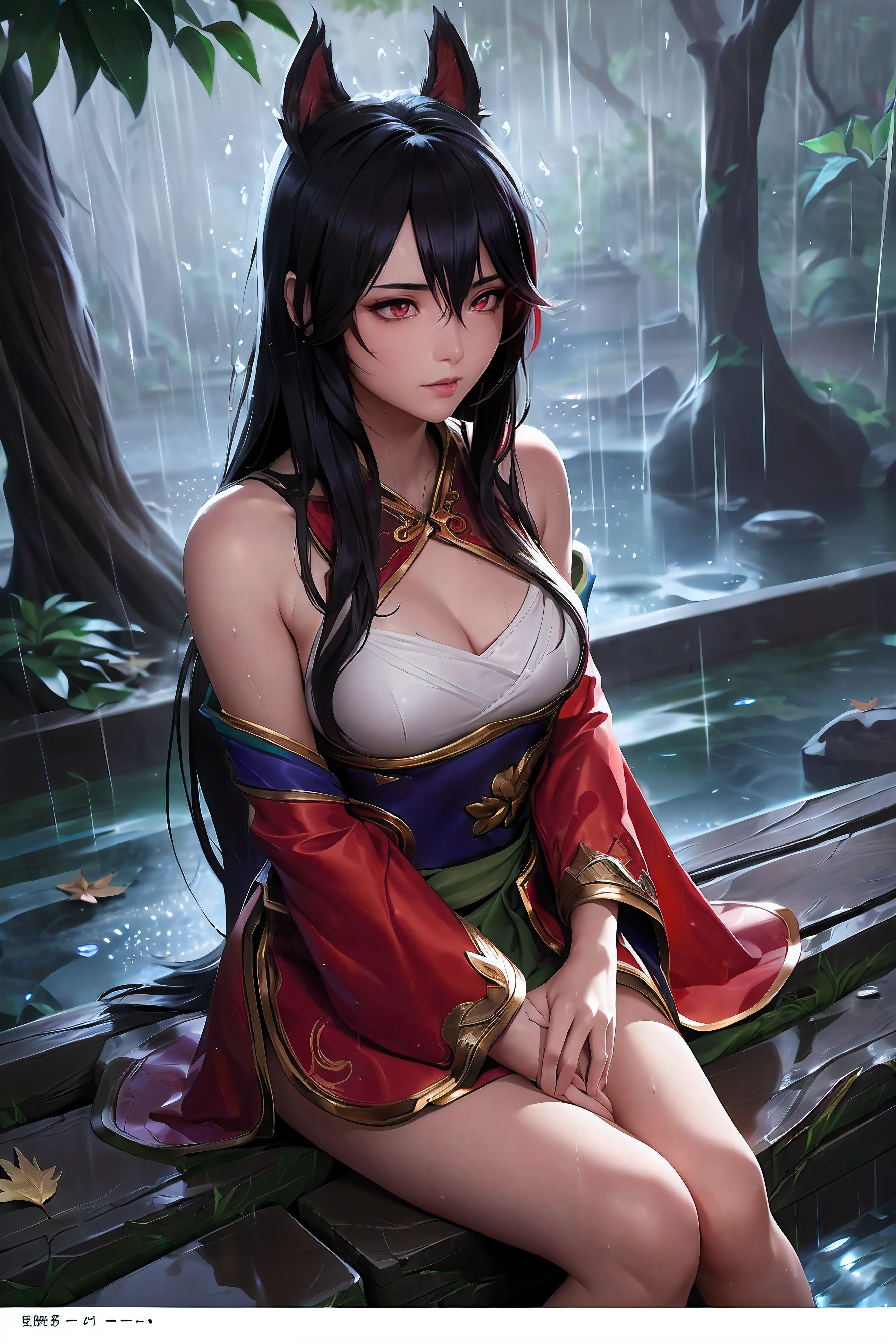 (League of Legends:1.5), (detaillierte Manga-Illustration:1.5),(ultra-detailliert:1.5),(idyllic),chinesischer klassischer Stil, (Regen:1.5),Regendrop, (Ahornhain:1.3),dichte Blätter, Steingarten Landschaftsgestaltung, Quellwasser, [Tuschemalerei], (traurig, ergreifend), (Farbspritzer:1.15),(Aquarell:1.2),(Tiefenschärfe:1.25),(Allein:1.5) ,[Geisterwelt], Hintergrundbeleuchtung, [zur Seite schauen],
(1 schönes Mädchen:1.25) mit (chinese hanfu: Dunkelrot+Schwarz),(chinesische Altertümer) und wunderschön,(Haarband),(Fuchsohren),(detaillierte schöne rote Augen:1.15), (schönes Gesicht:1.15), (Schwarz long hair, gradual Dunkelrot colored tips), (Fuchsschwanz),(Ahornblätter, Gefallene Blätter),Füße einweichen, ausdruckslos, unter einem Ahornbaum sitzen,finster, film gRegen, Reflexionslicht, leuchtendes Licht, filmische Beleuchtung, teilweise Unterwasseraufnahme, Strukturierte Haut,nasse Haut,Nasse Kleidung,richtige Hände,