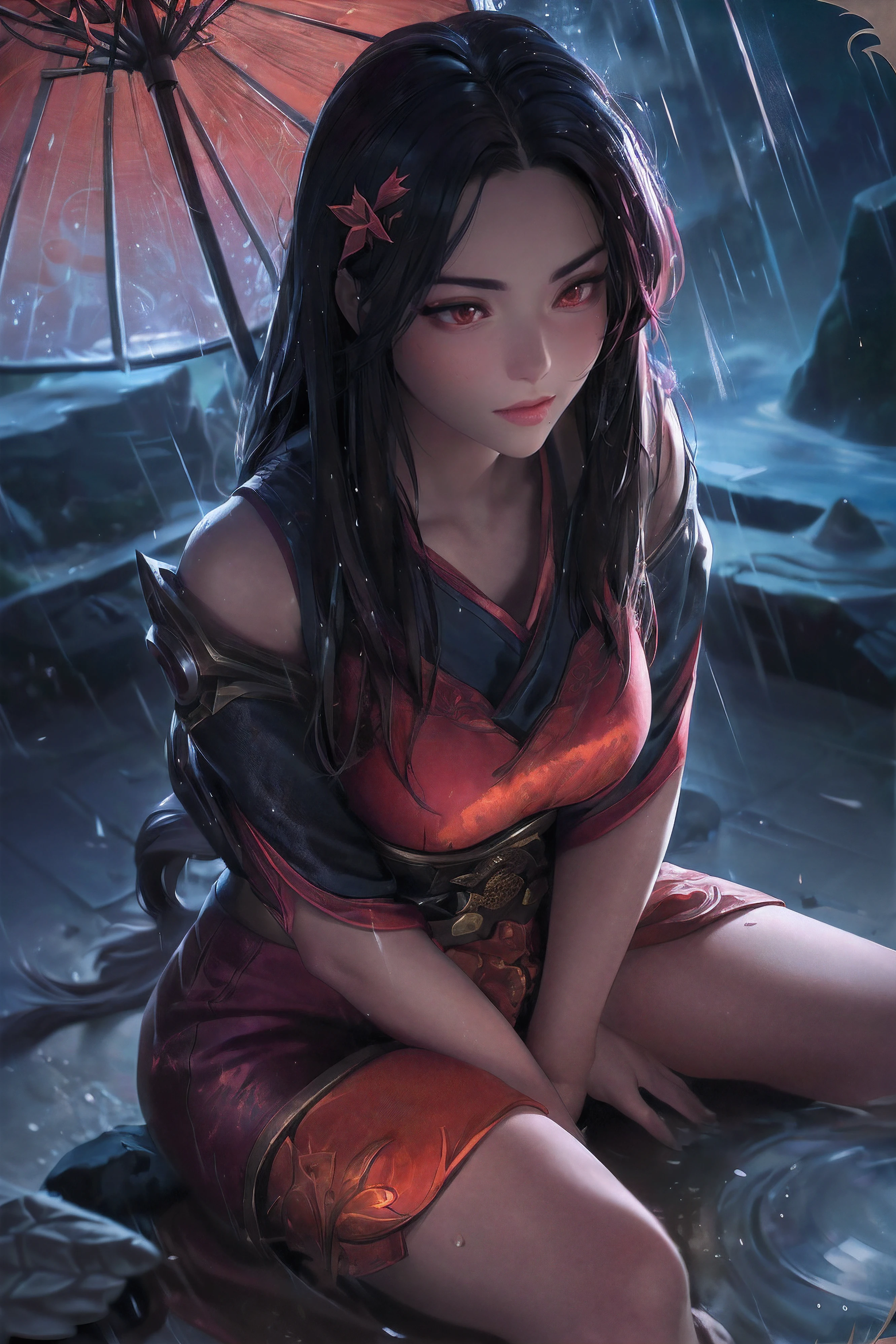 (League of Legends:1.5), (Illustration détaillée du manga:1.5),(ultra-détaillé:1.5),(idyllique),style classique chinois, (pluie:1.5),pluiedrop, (érablière:1.3),feuilles denses, aménagement paysager de rocaille, Eau de source, [peinture à l&#39;encre], (triste, poignant), (éclaboussures de couleurs:1.15),(aquarelle:1.2),(profondeur de champ:1.25),(seulement:1.5) ,[fantôme], rétroéclairage, [regardant de côté],
(1 belle fille:1.25) avec (Hanfu chinois: rouge foncé+noir),(antiquités chinoises) et magnifique,(ruban à cheveux),(oreilles de renard),(beaux yeux rouges détaillés:1.15), (Beau visage:1.15), (noir long hair, gradual rouge foncé colored tips), (queue de renard),(feuilles d&#39;érable, feuilles mortes),tremper les pieds, Sans expression, assis sous un érable,renfrogné, film gpluie, réflexion de la lumière, lumière rougeoyante, Éclairage cinématographique, prise de vue partiellement sous l&#39;eau, peau texturée,peau mouillée,vêtements mouillés,mains correctes,gros plan du visage