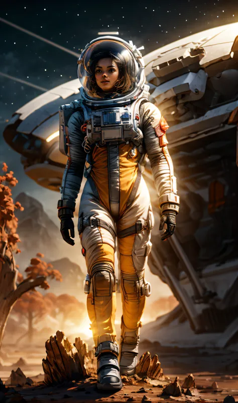 annual-eagle863: In a futuristic sci-fi movie set on a distant planet, a  female character adorned in a shimmering silver armor suit steps out of her  spacecraft onto a barren, orange landscape. The