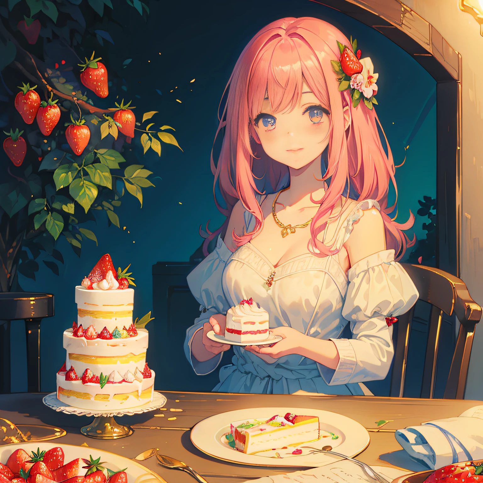 (High quality, 8K), Watercolor painting, Cute Girl, a cake, ((Whole cakes)), Smile, (Soft light), (whipped cream), (Strawberries), Detailed face, Detailed eyes, A lot of sweets,, (A light), Pink gradient hair, Background of sweets, Flowers