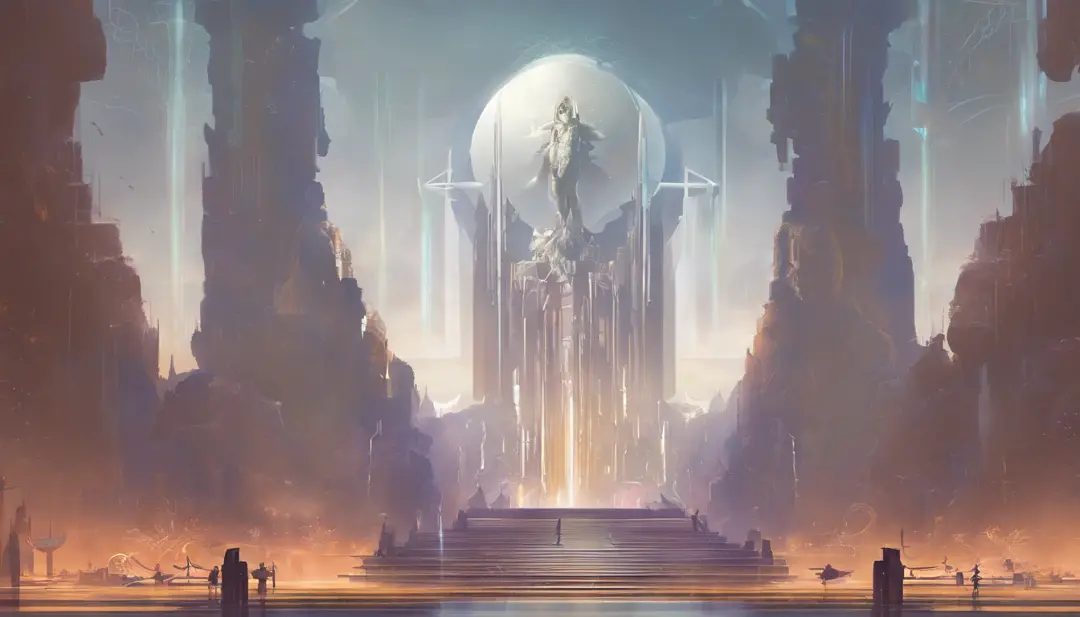 Stuart Lippincott style，God Online，in awe，Light，The sacred world，Huge futuristic statue floating around，Skysky，Awe-inspiring and peaceful，Detailed composition，Subtle geometric elements，refuge，Fresh and soft atmosphere，amber hues，The huge statue is surround...