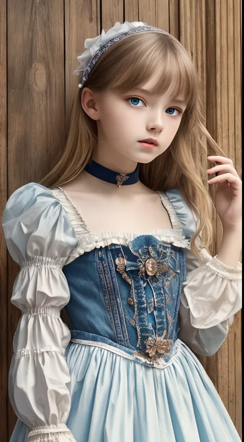 (Pure color: 0.9), (Color: 1.1), (Masterpiece: 1,2), Best quality, Masterpiece, high resolution, Original, highly detailed wallpaper, Beauty, Victorian, dress, Sad, Small face, blond 、Blue eyes、teens girl、Real Human、authentic