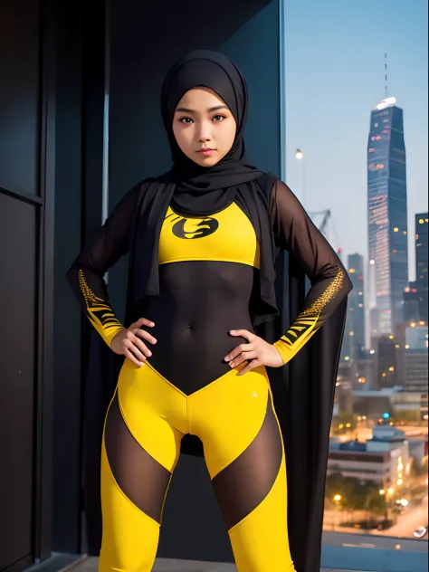 1 malay girl, solo, hijab, yellow eyes, medium hijab, superhero, leotard, leggings, boots, hands on hip, city backdrop