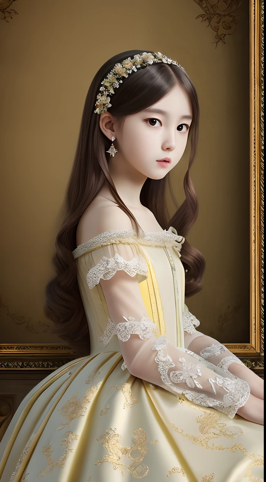 (Pure color: 0.9), (Color: 1.1), (Masterpiece: 1,2), Best quality, Masterpiece, high resolution, Original, highly detailed wallpaper, Beauty, Baroque period, dress, Sad, Small face、teens girl、Real Human、Authentic