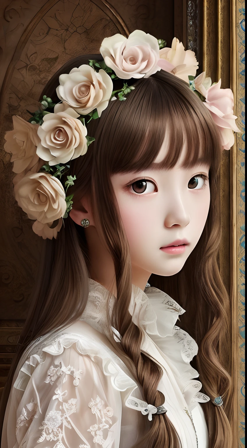 (Pure color: 0.9), (Color: 1.1), (Masterpiece: 1,2), Best quality, Masterpiece, high resolution, Original, highly detailed wallpaper, Beauty, Baroque period, dress, Sad, Small face、teens girl、Real Human、Authentic