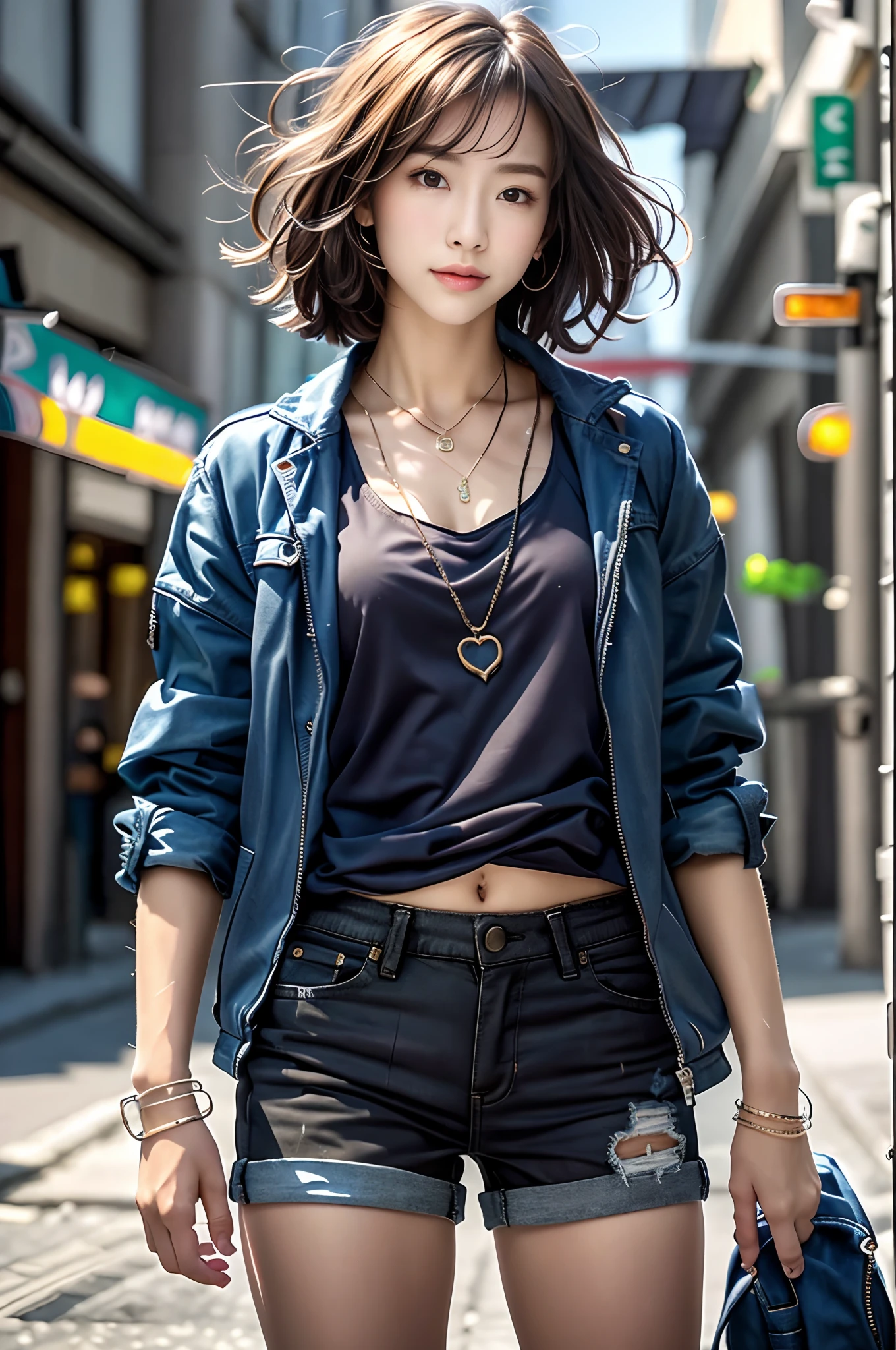 ((medium chest, tomboy, small head)), (well-defined abs: 1.1), (perfect body: 1.1), (short wavy hair: 1.2), russet hair, collar, chain, full body photo, crowded streets, wearing black vest, denim jacket, ((shorts)), (extremely detailed CG 8k wallpaper), (extremely delicate and beautiful), (masterpiece), (best quality: 1.0), (super high resolution: 1.0), beautiful lighting, perfect lightning, realistic shadows, [high resolution ], delicate skin, ultra-detailed ((colorful)))