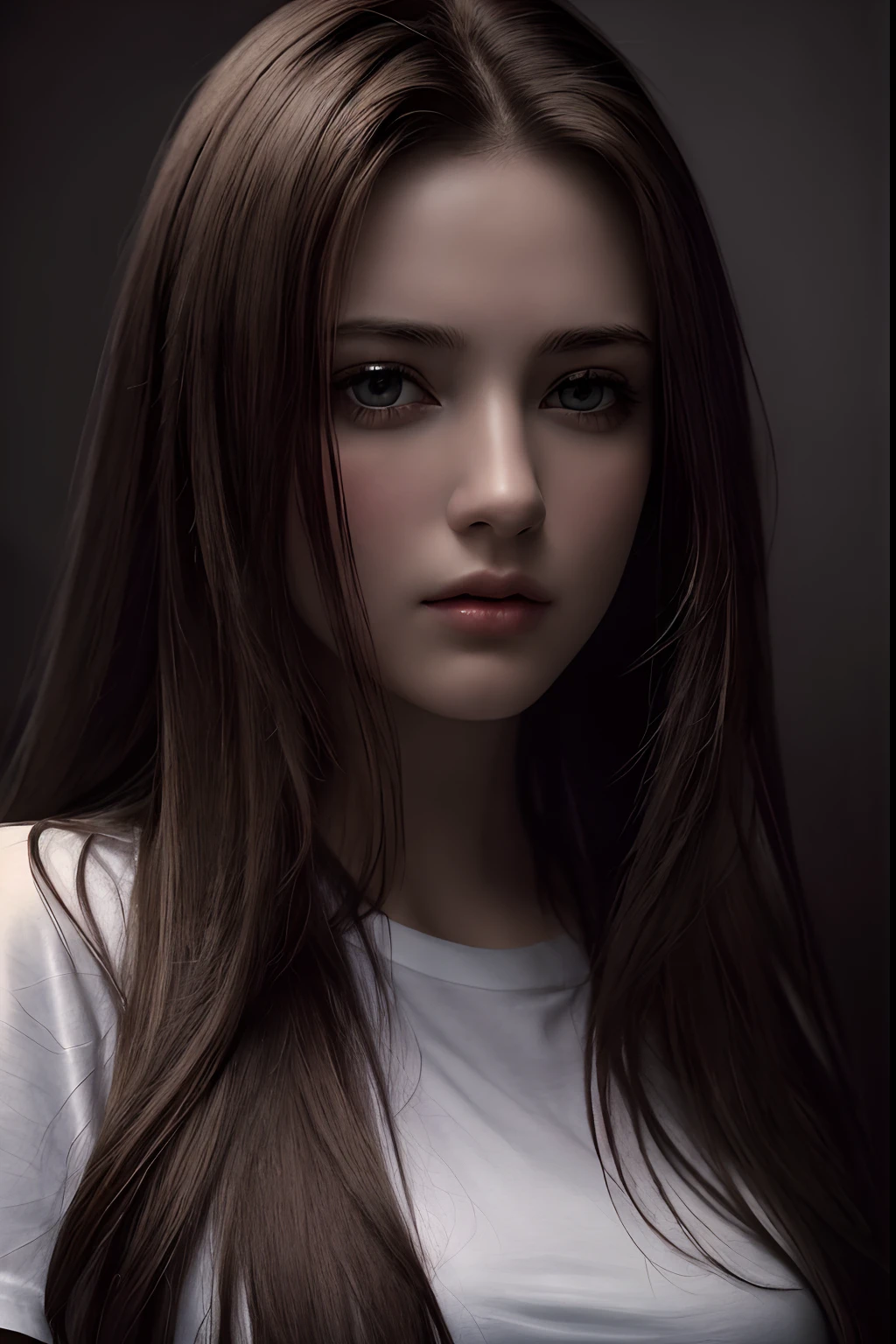 bestquality, masterpiece, ultra-high resolution, (photorealistic portrait:1.37), RAW photo, 1girls, long-haired, beautidul eyes,  Exquisite Face, Detailed eyes and face, t-shirt, Dynamic lighting, In the dark, Deep Shadows, Low key, cowboy shot