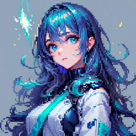 ((in the style of pixel art)), pixel, 4 bits pixel art, 1girl, close-up, face only, dark blue hair, inner light hair, cyan eyes,...